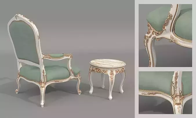 Luxury Classical Armchair and Side Table Set 6 3D model 3