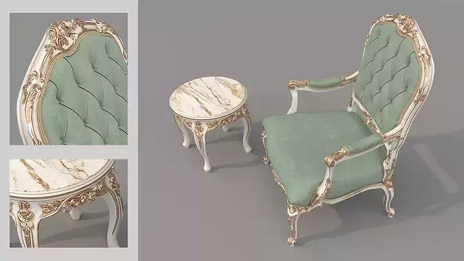 Luxury Classical Armchair and Side Table Set 6 3D model 5