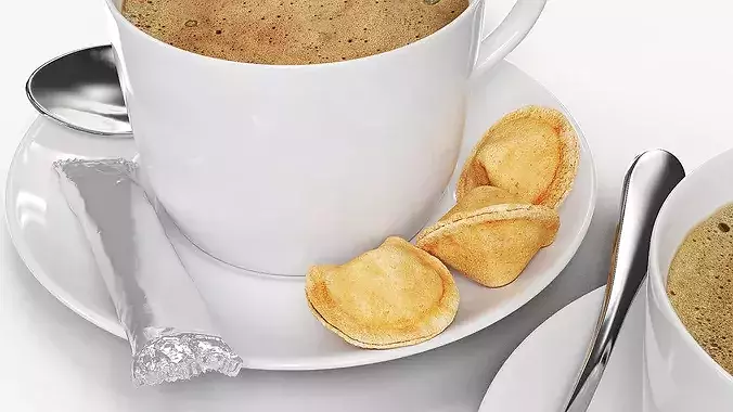 Hot Coffee Cup with Chocolate Stick and Cookies 3D model 3