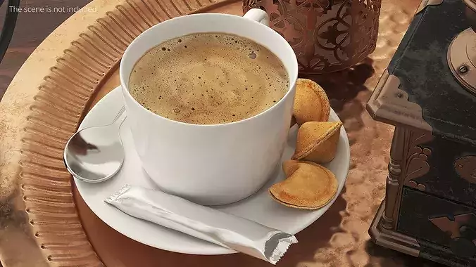 Hot Coffee Cup with Chocolate Stick and Cookies 3D model 2