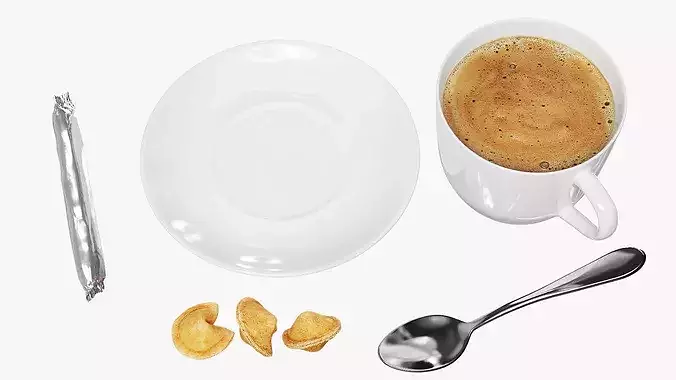 Hot Coffee Cup with Chocolate Stick and Cookies 3D model 6