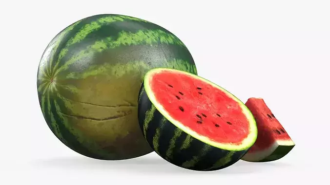Fresh Watermelon with Half and Cut Slice 3D model 4