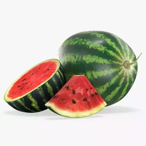Fresh Watermelon with Half and Cut Slice 3D model