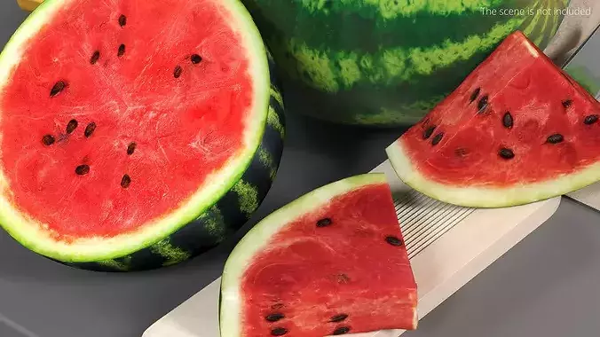 Fresh Watermelon with Half and Cut Slice 3D model 3