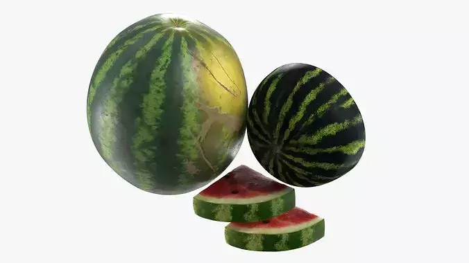 Fresh Watermelon with Half and Cut Slice 3D model 5