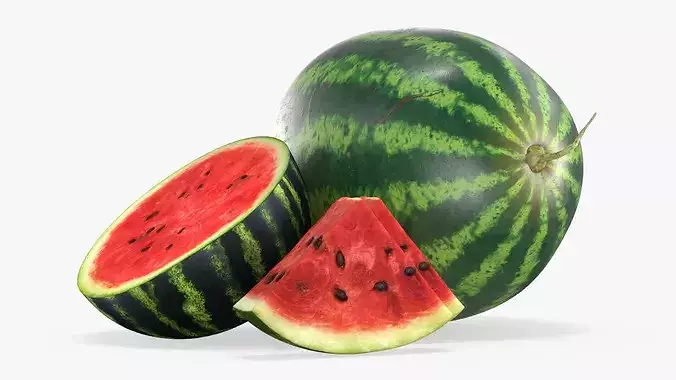 Fresh Watermelon with Half and Cut Slice 3D model 2