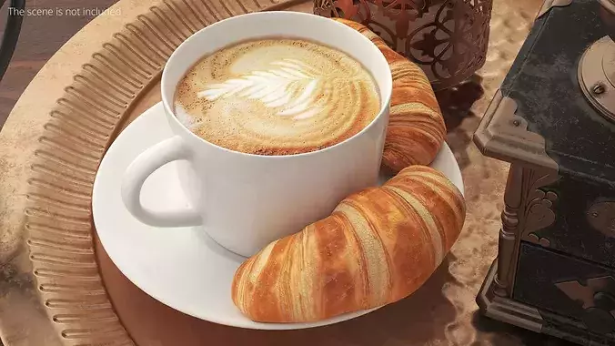 Cappuccino Ceramic Cup with Fresh Croissants 3D model