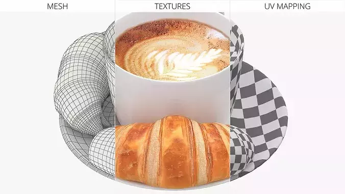 Cappuccino Ceramic Cup with Fresh Croissants 3D model 5