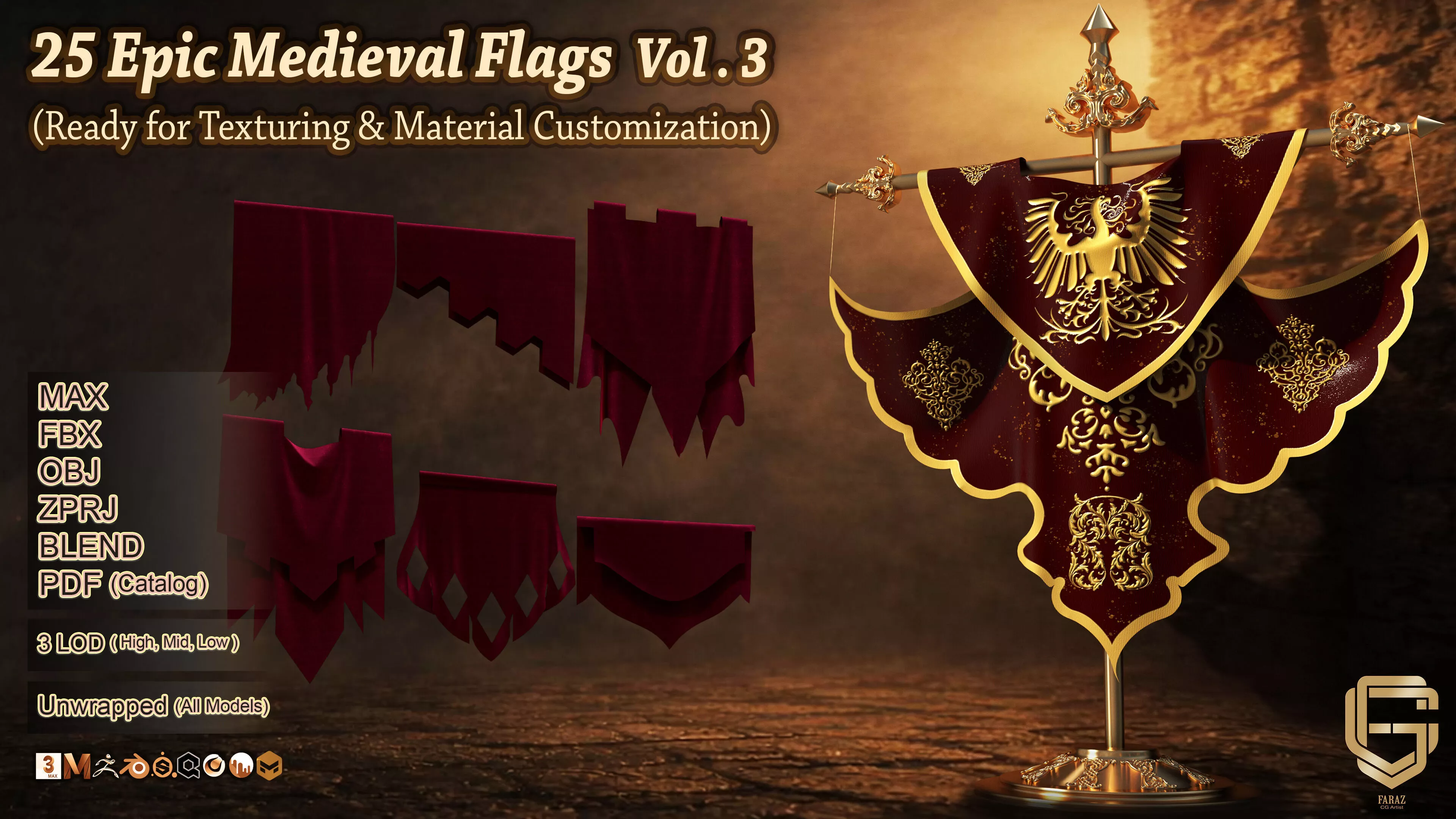 25 Epic Medieval Flags Vol 3 Ready for Texturing and Material Low-poly 3D model