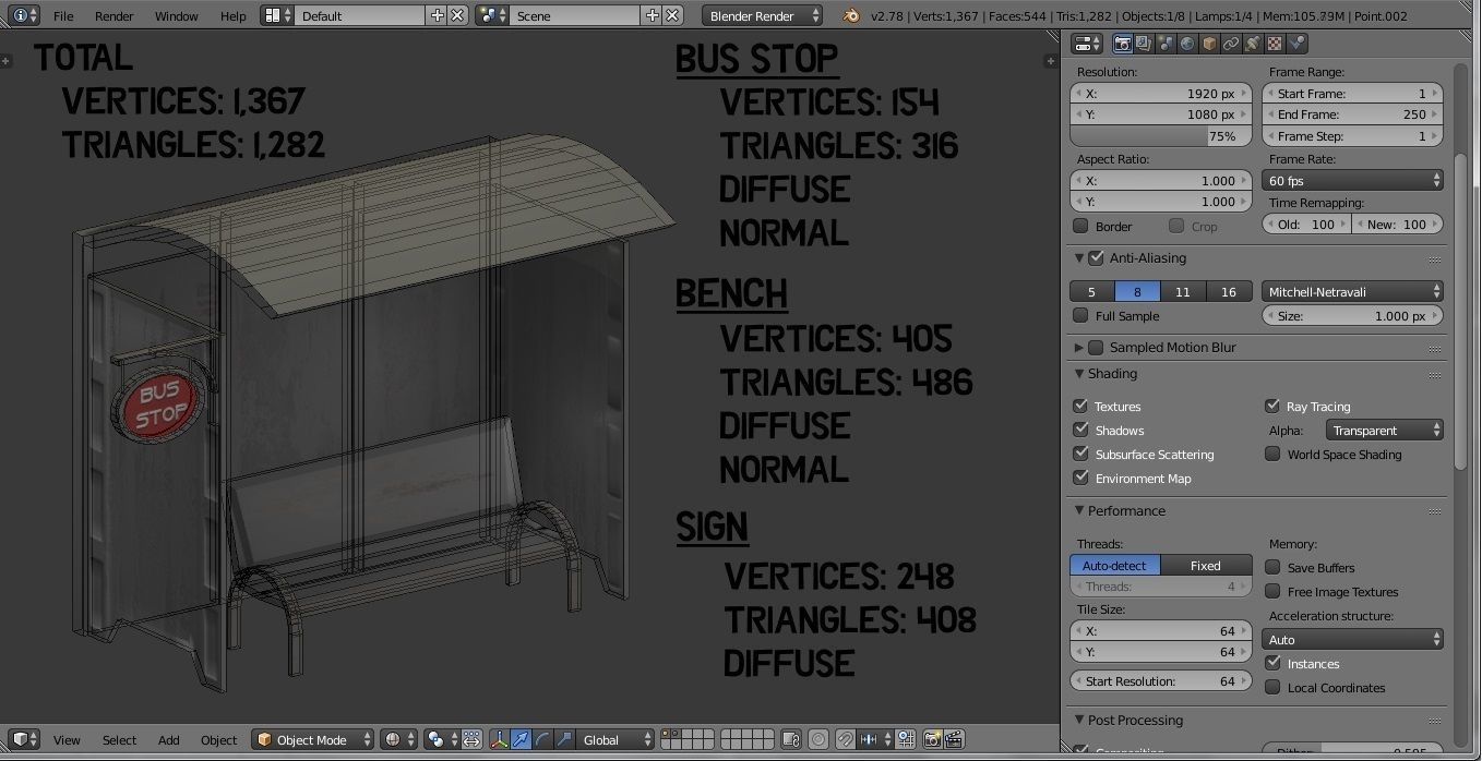 Game-Ready Bus Stop with Bench and Sign Low-poly 3D model_14