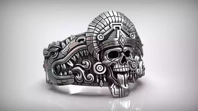 Aztec Skull Serpent Mayan Warrior Ring with Dragon Motifs