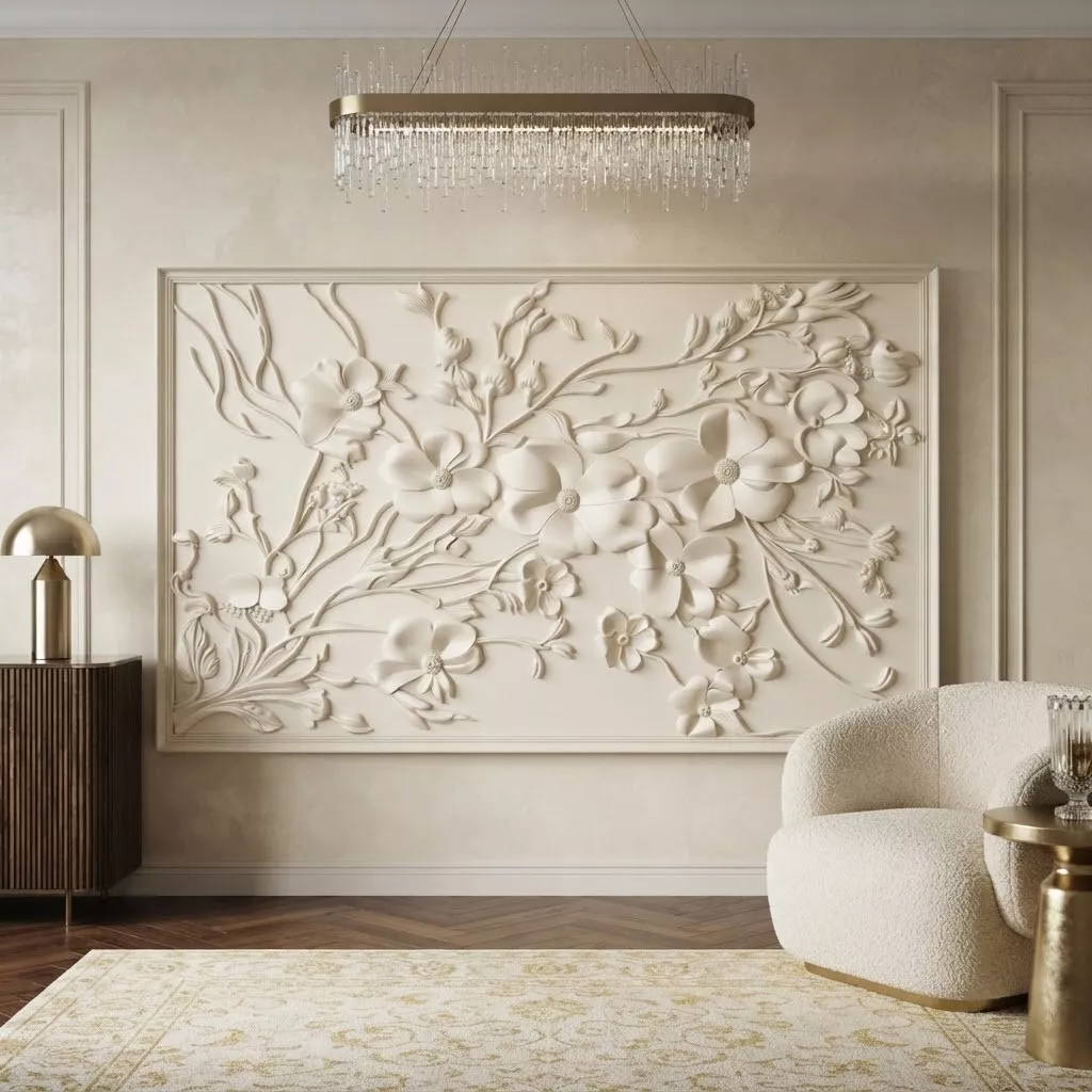 3D Golden Floral Wall Panel Relief with Dark Wood Background-stl 3D model