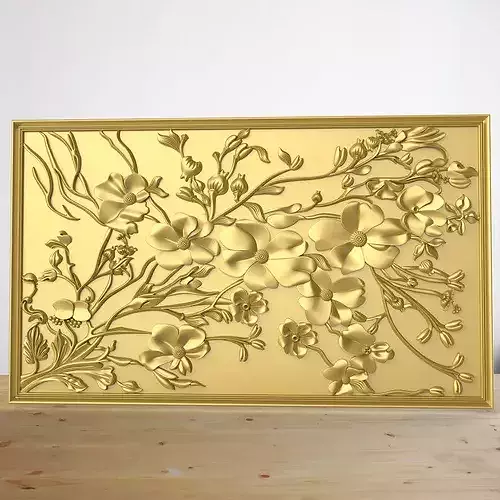 3D Golden Floral Wall Panel Relief with Dark Wood Background
