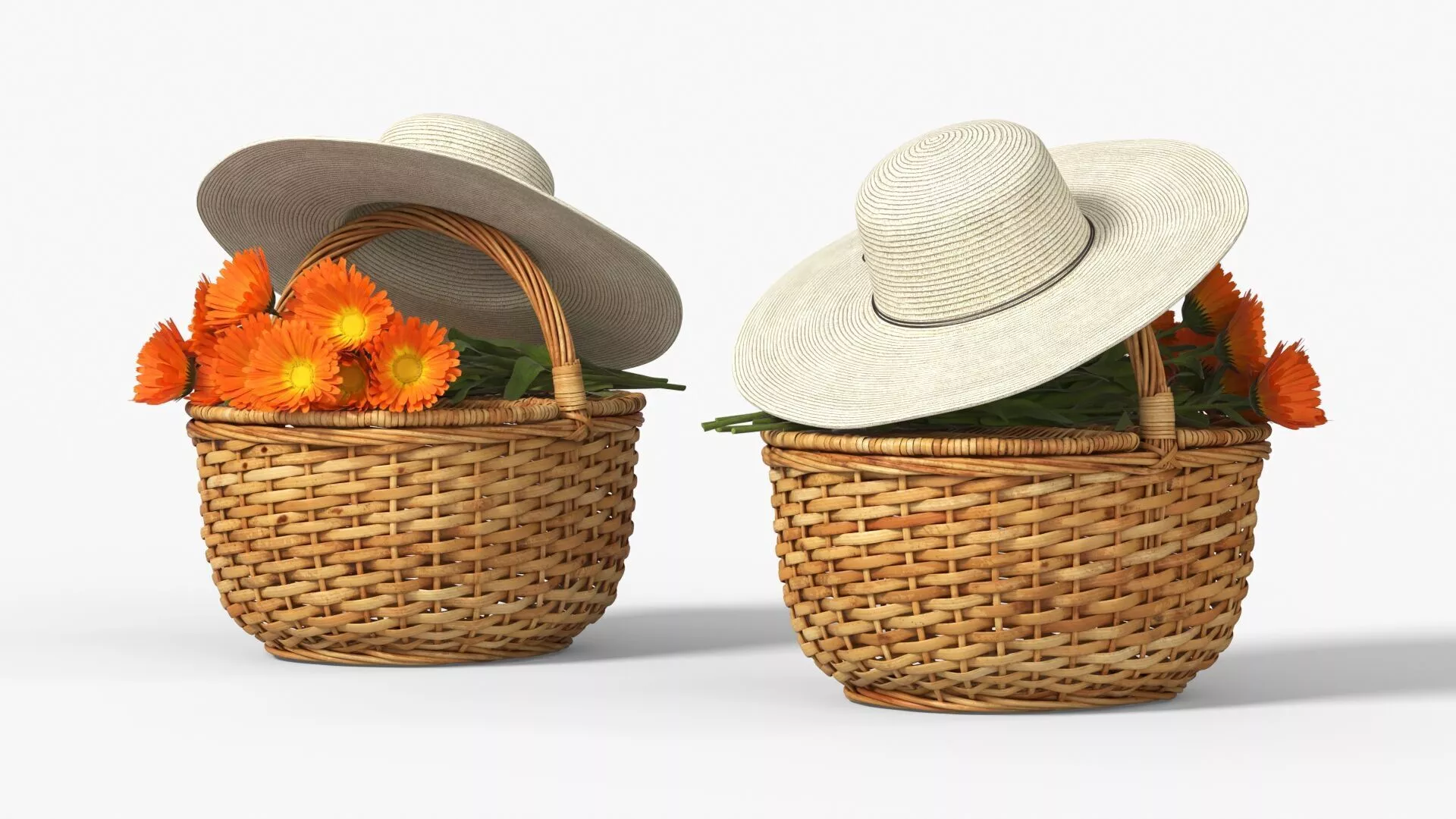 Wicker Picnic Basket with Straw Hat and Calendula Fur 3D model