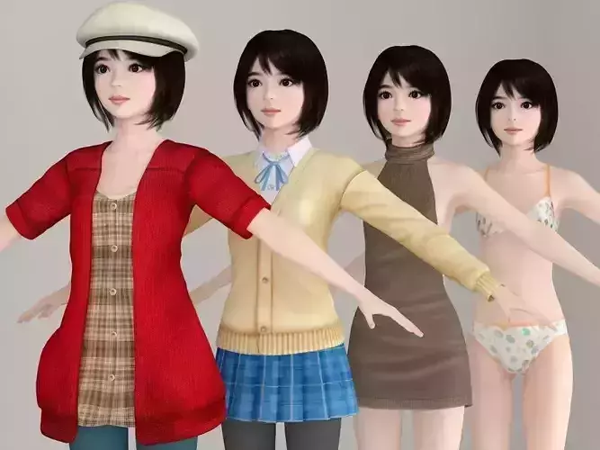  T pose nonrigged model of Chiharu with various outfit  3D model