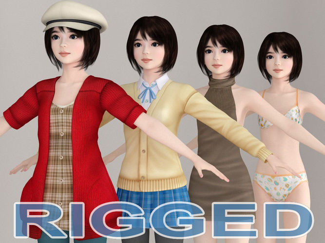 T pose rigged model of Chiharu with various outfit 3D model
