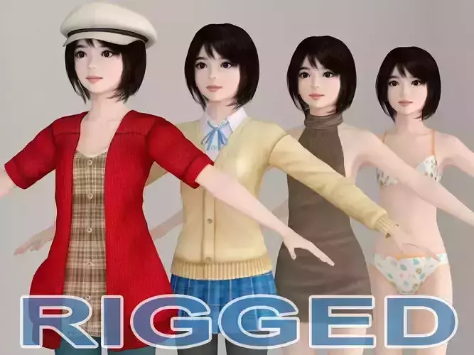 T pose rigged model of Chiharu with various outfit 3D model