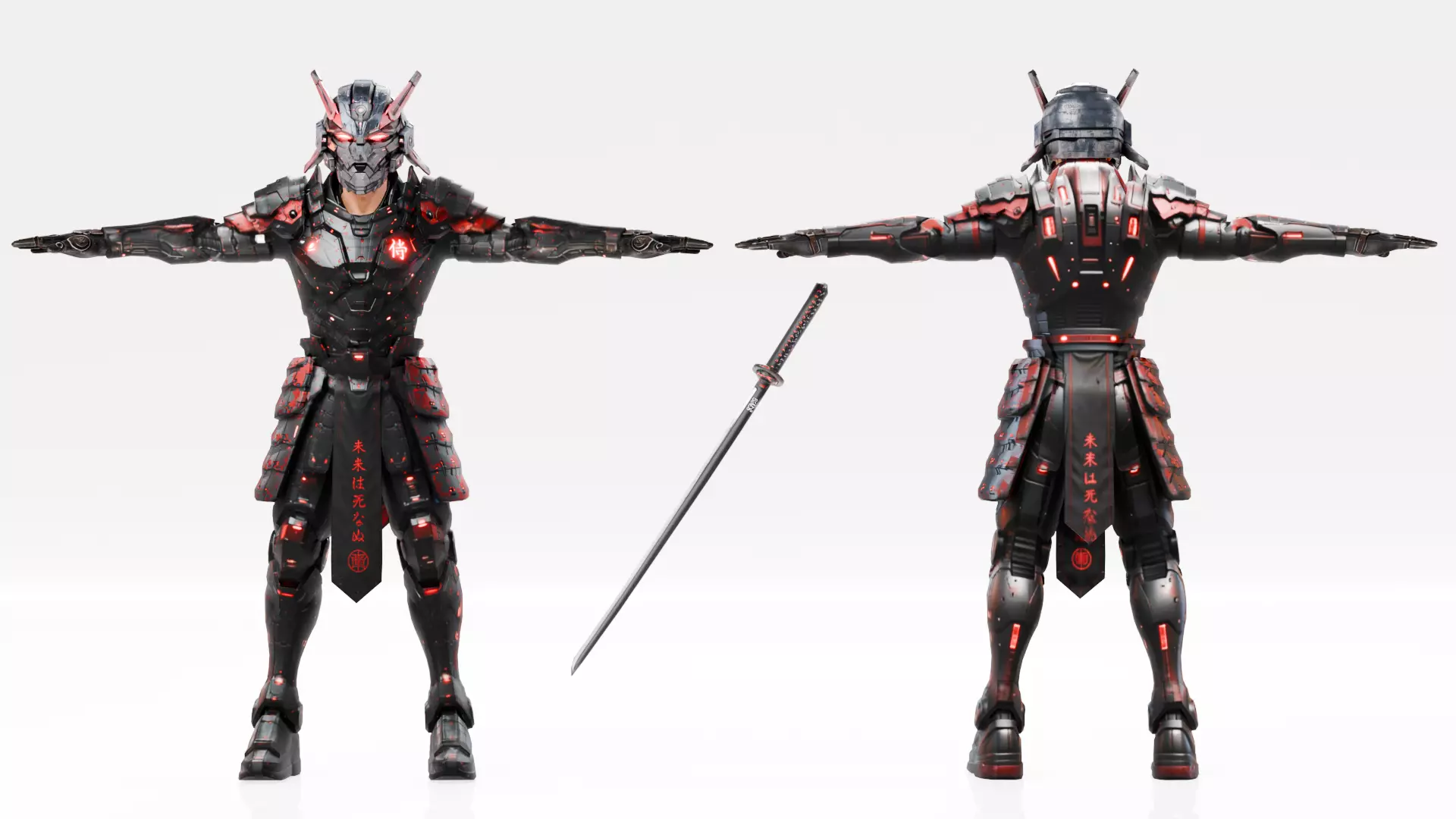 Cyberpunk Robot Samurai - Rigged Low-poly 3D model