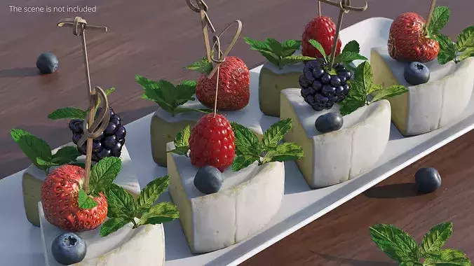 Brie Pieces with Fresh Berries and Mint on Plate White 3D model 4