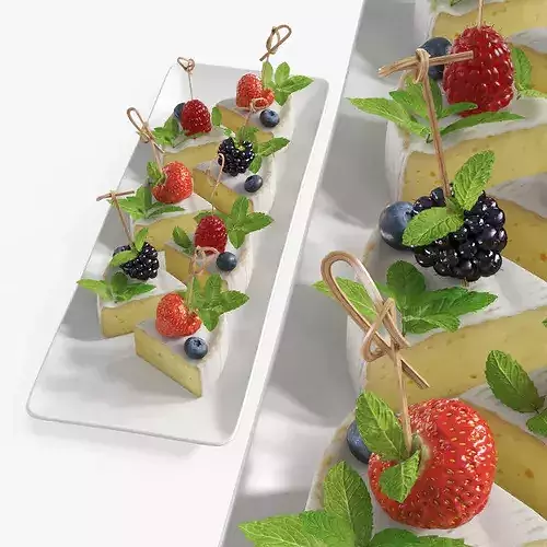 Brie Pieces with Fresh Berries and Mint on Plate White 3D model 2