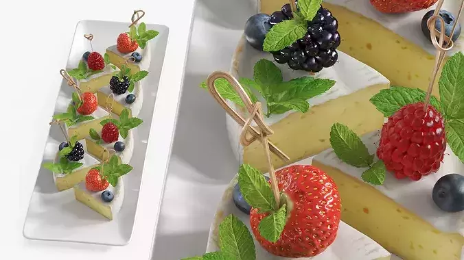 Brie Pieces with Fresh Berries and Mint on Plate White 3D model 3