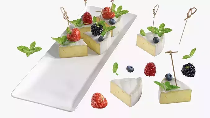 Brie Pieces with Fresh Berries and Mint on Plate White 3D model