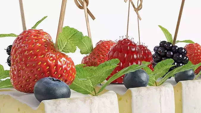 Brie Pieces with Fresh Berries and Mint on Plate White 3D model 7