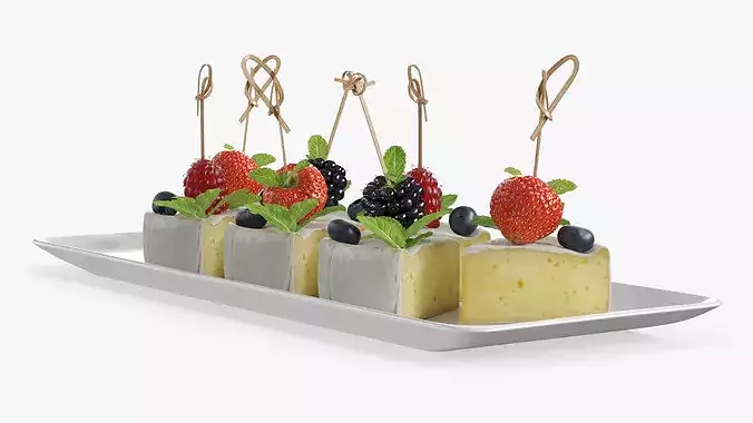 Brie Pieces with Fresh Berries and Mint on Plate White 3D model 5