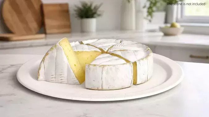Soft Cheese Wheel with Cut Wedges on Plate 3D model 2