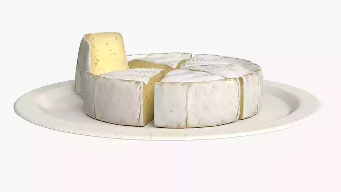 Soft Cheese Wheel with Cut Wedges on Plate 3D model 4