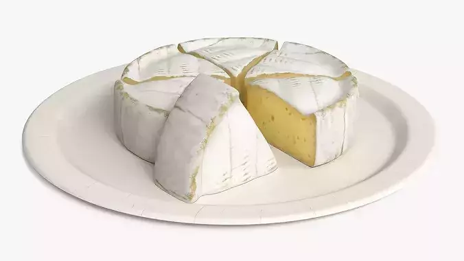 Soft Cheese Wheel with Cut Wedges on Plate 3D model