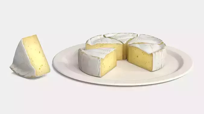 Soft Cheese Wheel with Cut Wedges on Plate 3D model 7