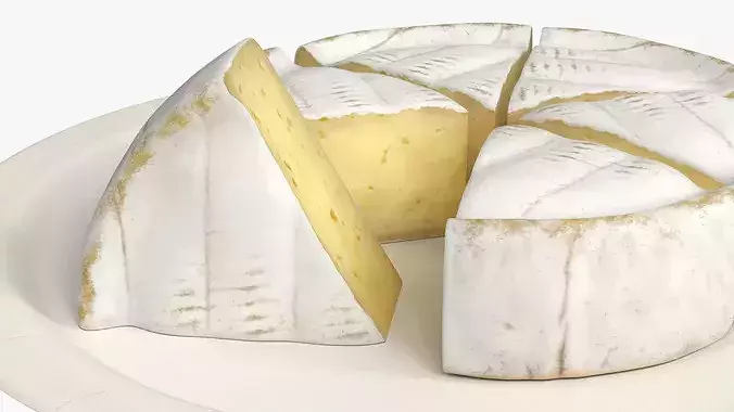 Soft Cheese Wheel with Cut Wedges on Plate 3D model 5