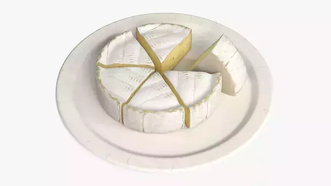 Soft Cheese Wheel with Cut Wedges on Plate 3D model 3