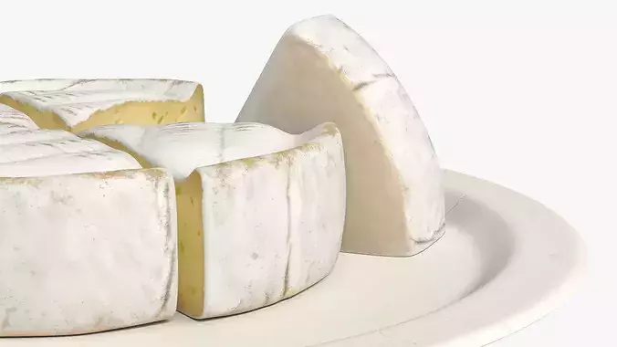 Soft Cheese Wheel with Cut Wedges on Plate 3D model 6