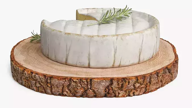 Round Brie Cheese with Rosemary on Rustic Board 3D model 5