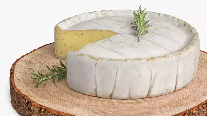Round Brie Cheese with Rosemary on Rustic Board 3D model 7