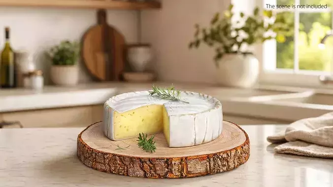 Round Brie Cheese with Rosemary on Rustic Board 3D model 2