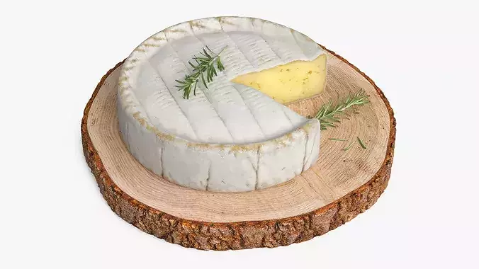 Round Brie Cheese with Rosemary on Rustic Board 3D model 3