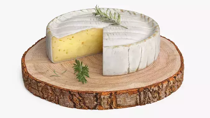 Round Brie Cheese with Rosemary on Rustic Board 3D model