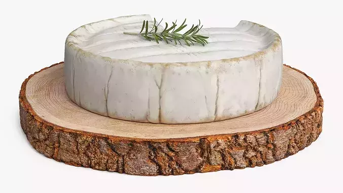 Round Brie Cheese with Rosemary on Rustic Board 3D model 6