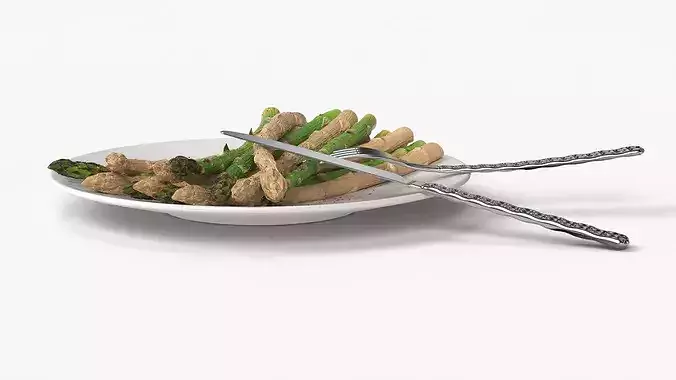 Cooked Asparagus Plate with Steel Fork and Knife 3D model 3