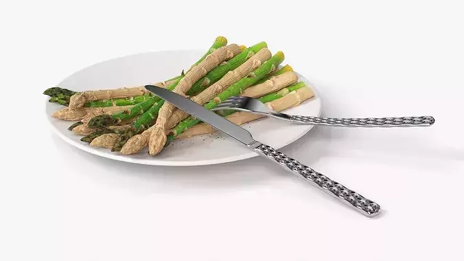Cooked Asparagus Plate with Steel Fork and Knife 3D model