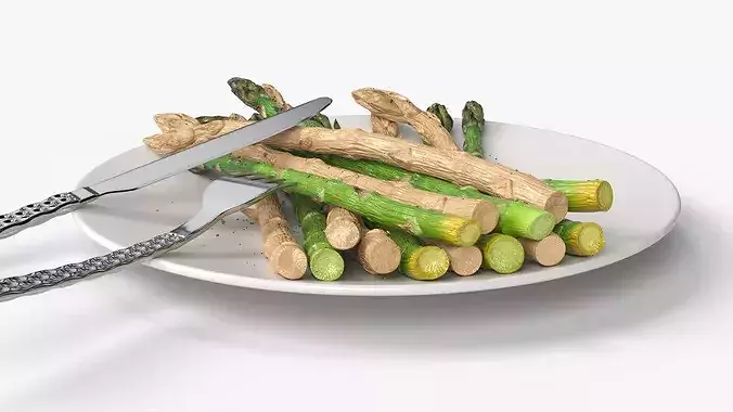 Cooked Asparagus Plate with Steel Fork and Knife 3D model 4