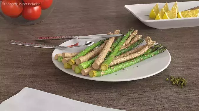 Cooked Asparagus Plate with Steel Fork and Knife 3D model 2