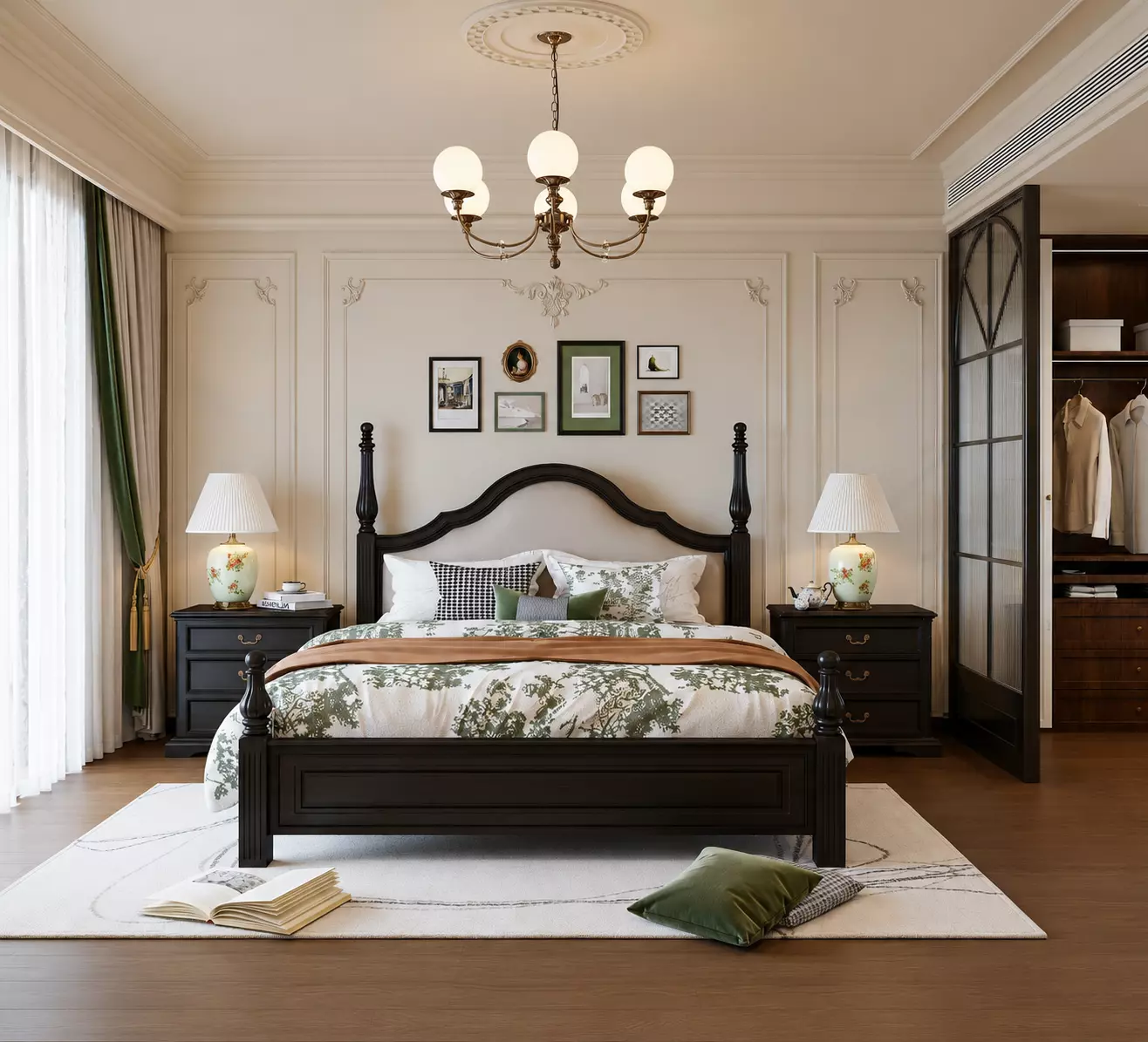 Classic Luxury Bedroom Interior Set Elegant Black Wood Bed 3D model
