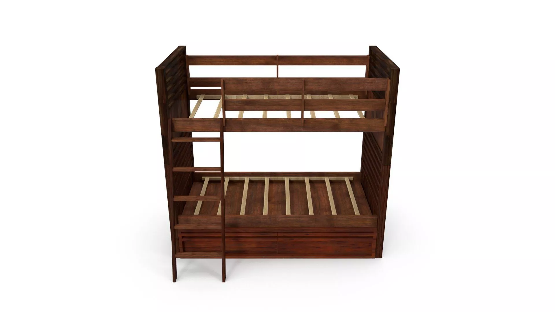 Espresso Twin-Over-Twin Wooden Bunk Bed with Trundle and Ladder 3D model