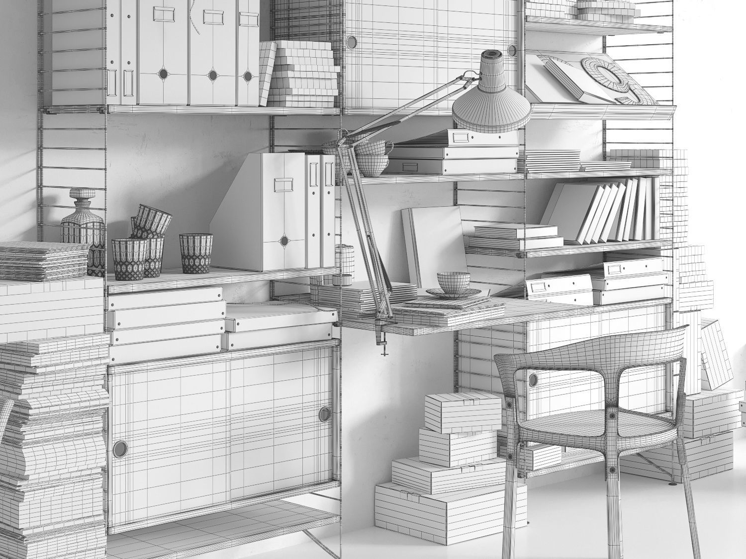 String system bookshelf with workspace 3D model_12
