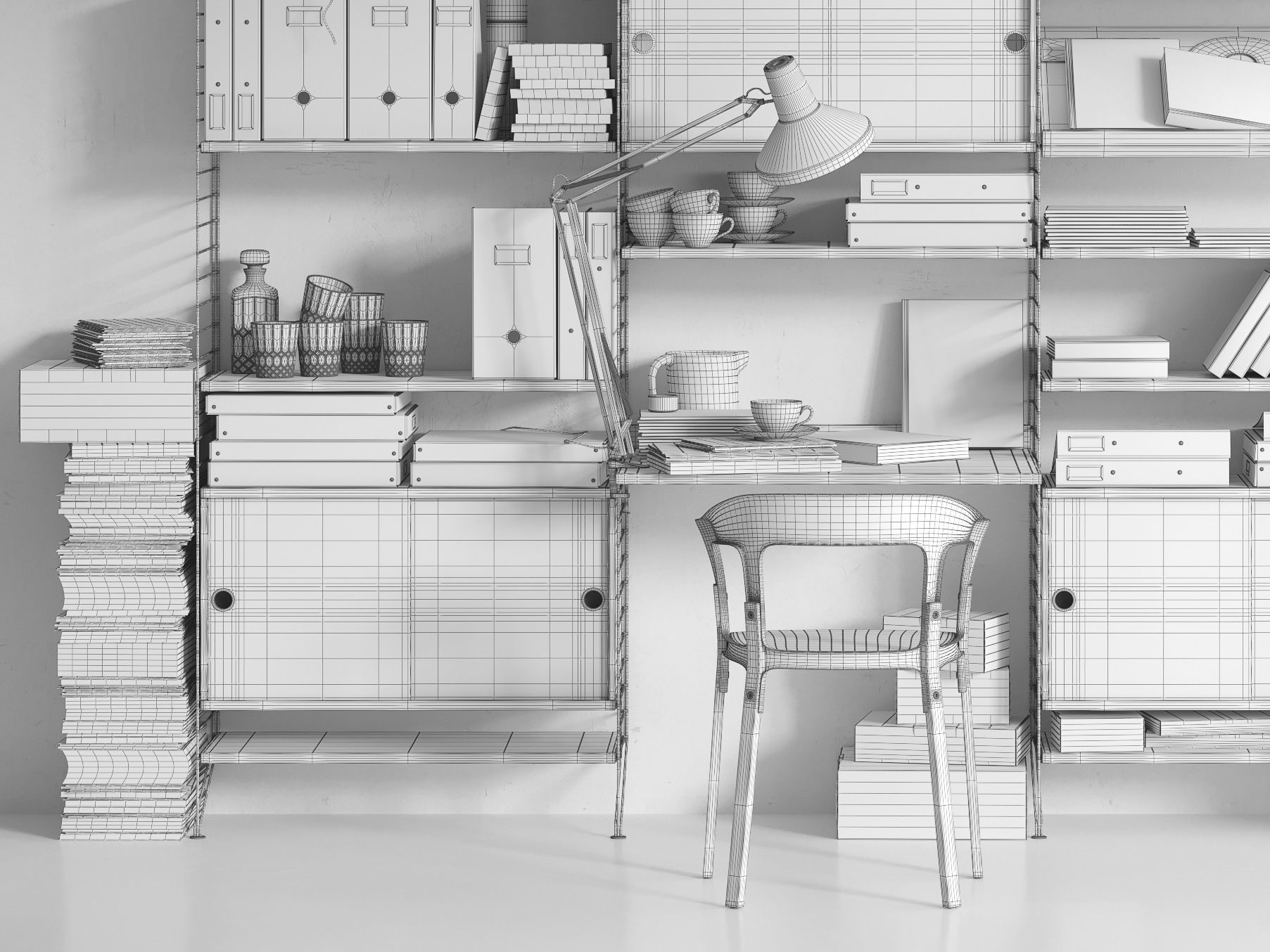 String system bookshelf with workspace 3D model_6
