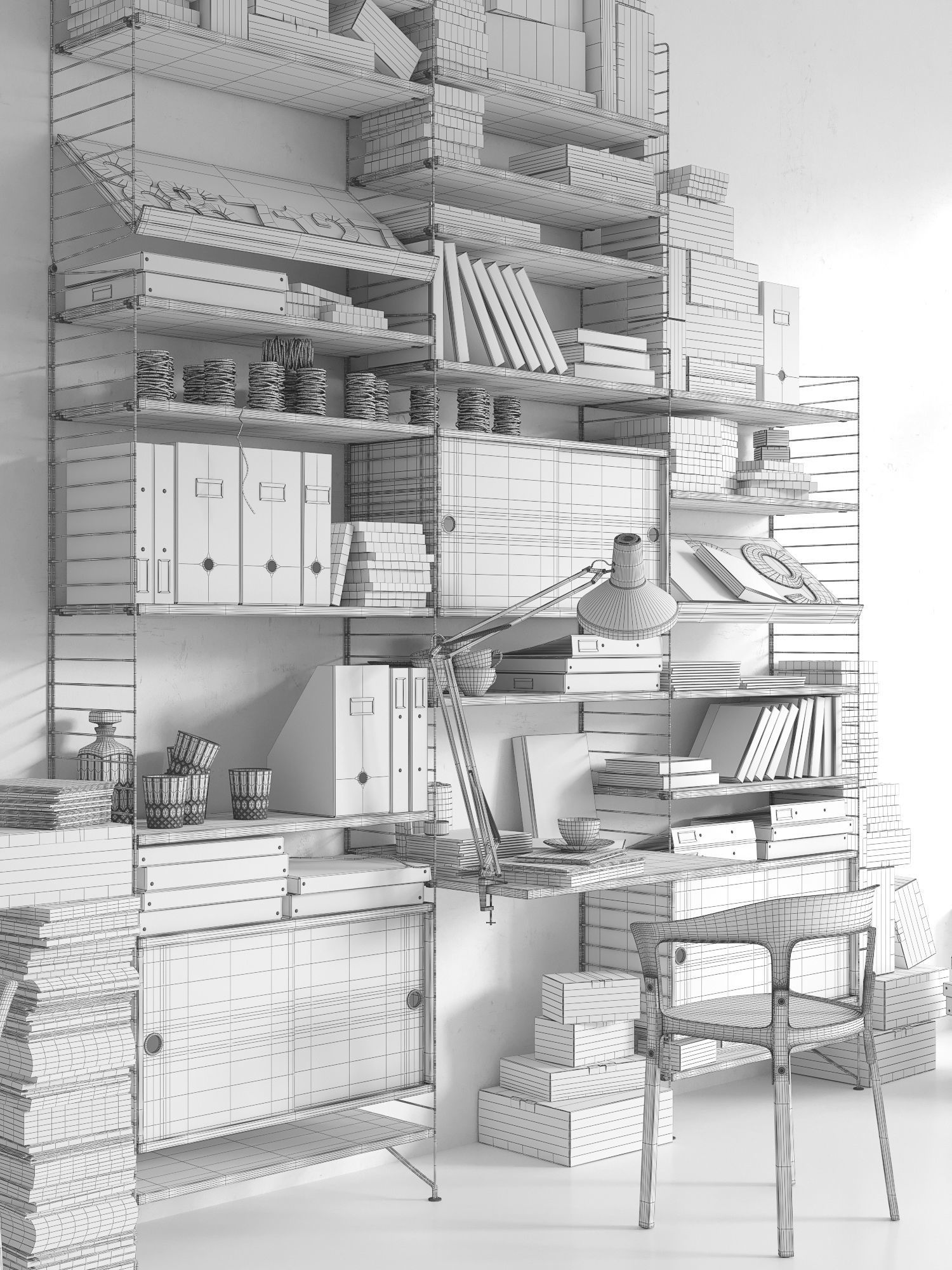 String system bookshelf with workspace 3D model_9